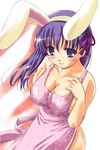  animal_ears apron blush breast_squeeze breasts bunny_ears cleavage covered_nipples fate/stay_night fate_(series) hair_ribbon large_breasts matou_sakura naked_apron purple_eyes purple_hair q-gaku ribbon solo 