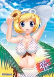  artist_request beach bikini blonde_hair blue_eyes breasts cleavage day flower hat large_breasts melua_melna_meia outdoors polka_dot polka_dot_bikini polka_dot_sarong sarong solo super_robot_wars super_robot_wars_judgement swimsuit white_sarong 