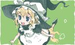  :d apron black_skirt black_vest blonde_hair blue_eyes blush bow green_background hat hat_bow kirisame_marisa lowres okome_(ricecandy) open_mouth puffy_short_sleeves puffy_sleeves shirt short_sleeves simple_background skirt smile solo touhou vest waist_apron white_bow white_shirt witch_hat 