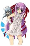  :d al_azif artist_request bare_shoulders blue_hair blush center_frills character_request contrapposto dark_skin demonbane dress dutch_angle frills green_eyes hair_ribbon long_hair looking_at_viewer multiple_girls open_mouth pout purple_hair red_ribbon ribbon simple_background sleeveless sleeveless_dress smile standing sweatdrop very_long_hair white_background white_dress 