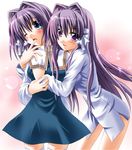  clannad fujibayashi_kyou fujibayashi_ryou hikarizaka_private_high_school_uniform long_sleeves multiple_girls otoki_raku school_uniform siblings touching twins yuri 