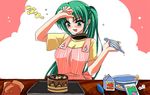  apron cake cooking cream food fujitaka_(akasora) gloves green_eyes green_hair higurashi_no_naku_koro_ni long_hair open_mouth pastry_bag ponytail solo sonozaki_mion wiping_forehead 