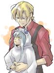  1girl artist_request barasuishou blonde_hair enju grey_eyes height_difference hug hug_from_behind long_sleeves looking_down looking_up overalls rozen_maiden short_hair short_sleeves silver_hair simple_background smile upper_body white_background yellow_eyes 