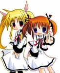  :d artist_request blonde_hair blue_eyes blush brown_hair cowboy_shot dress fate_testarossa hair_ribbon long_hair long_sleeves looking_at_viewer lowres lyrical_nanoha mahou_shoujo_lyrical_nanoha mahou_shoujo_lyrical_nanoha_a's multiple_girls open_mouth pantyhose red_eyes ribbon seishou_elementary_school_uniform simple_background smile takamachi_nanoha twintails v very_long_hair white_background white_dress 