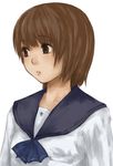  blush brown_eyes brown_hair collarbone long_sleeves looking_to_the_side original parted_lips sailor_collar school_uniform serafuku shirt short_hair solo tamaru_tokihiko upper_body white_shirt 