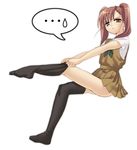  1girl black_legwear brown_eyes brown_hair dressing feet full_body legs long_hair no_shoes original piyodera_mucha pleated_skirt short_sleeves simple_background skirt solo spoken_ellipsis spoken_sweatdrop sweatdrop thighhighs thighhighs_pull twintails white_background 