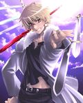  artist_request belt bishounen collarbone fate/stay_night fate_(series) gae_bolg gate_of_babylon gilgamesh long_sleeves male_focus polearm smile solo spear sword weapon 