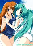  aqua_eyes aqua_hair ass blue_eyes blush breast_press breasts brown_hair facial_mark forehead_mark ibuki_pon lindy_harlaown long_hair lyrical_nanoha mahou_shoujo_lyrical_nanoha mature medium_breasts multiple_girls one-piece_swimsuit one_eye_closed ponytail school_swimsuit swimsuit symmetrical_docking takamachi_momoko white_school_swimsuit white_swimsuit 