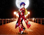  ai_yori_aoshi artist_request japanese_clothes kimono long_sleeves moon night pier purple_eyes purple_hair red_kimono sakuraba_aoi sky smile solo star wallpaper yukata 