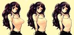  arms_behind_back bangs blush breasts cable cleavage flat_chest goshiki_suzu headphones highres large_breasts long_hair multiple_views original pout short_sleeves simple_background sketch small_breasts two_side_up upper_body variations yellow_background 