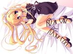  air artist_request bare_shoulders black_dress blonde_hair blue_eyes choker cross-laced_footwear dress fetal_position full_body hair_ribbon kamio_misuzu long_hair long_sleeves lying no_legwear off-shoulder_dress off_shoulder on_side plantar_flexion ribbon solo thighs very_long_hair 