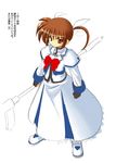  artist_request bow bowtie brown_eyes brown_hair clenched_hand dress fingerless_gloves gloves hair_ribbon holding holding_weapon huge_weapon long_sleeves lyrical_nanoha magazine_(weapon) magical_girl mahou_shoujo_lyrical_nanoha mahou_shoujo_lyrical_nanoha_a's polearm raising_heart red_bow red_neckwear ribbon short_hair simple_background solo standing takamachi_nanoha translation_request twintails uniform weapon white_background white_devil white_dress white_ribbon 