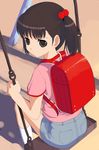  backpack bag black_eyes black_hair hair_bobbles hair_ornament looking_back natori_(natorism) original outdoors pink_shirt randoseru shadow shirt short_twintails shorts sitting socks solo swing twintails white_legwear 