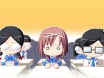  3girls chibi choco_chip classroom coke-bottle_glasses game_cg glasses himukai_haruka multiple_boys multiple_girls o_o opaque_glasses school_project school_uniform 