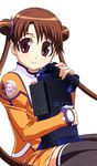  brown_eyes brown_hair game_console highres katase_shima long_hair long_sleeves orange_shirt playstation_2 shirt solo thighhighs third-party_edit twintails uchuu_no_stellvia uniform very_long_hair 