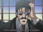  akagi beard black_hair clenched_teeth collared_shirt english facial_hair formal jacket long_sleeves male_focus mustache necktie red_neckwear scratching_head screencap shirt solo subtitled suit sunglasses teeth white_shirt window 