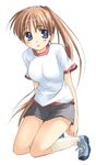  :p blue_eyes brown_hair gym_uniform kneeling koyuki_(2smj) long_hair original shorts solo tongue tongue_out very_long_hair 