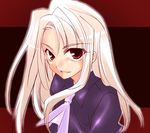  artist_request dress eyebrows eyebrows_visible_through_hair fate/hollow_ataraxia fate/stay_night fate_(series) illyasviel_von_einzbern long_hair looking_at_viewer parted_lips purple_dress red_eyes silver_hair simple_background solo 