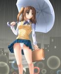  bag blue_skirt brown_eyes brown_hair long_sleeves miyai_sen panties pantyshot rain school_bag school_uniform skirt solo tsukihime twintails umbrella underwear upskirt white_panties wind wind_lift yumizuka_satsuki 