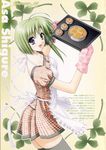  apron baking baking_sheet cake_pan cooking green_hair highres official_art oven_mitts purple_eyes shigure_asa short_hair shuffle! solo suzuhira_hiro thighhighs 