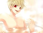  artist_request bath blonde_hair chest fate/stay_night fate_(series) gilgamesh grin lowres male_focus red_eyes shirtless slit_pupils smile solo white_background 