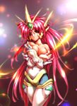  bare_shoulders breasts collarbone covering covering_breasts cowboy_shot crossed_arms headdress hisahiko long_hair mecha_musume medium_breasts parted_lips pink_hair red_eyes solo super_robot_wars super_robot_wars_the_lord_of_elemental valsione valsione_r very_long_hair 