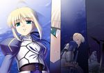  ahoge armor armored_dress artist_request artoria_pendragon_(all) blonde_hair blue_dress braid breastplate close-up dress fate/stay_night fate_(series) flag gauntlets green_hair juliet_sleeves long_sleeves parted_lips puffy_sleeves saber short_hair sword teeth upper_body weapon 