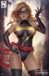 1girl bare_shoulders black_legwear blonde_hair blue_eyes blush breasts closed_mouth covered_navel domino_mask elbow_gloves gloves hand_on_hip large_breasts leotard lips long_hair marvel mask ms._marvel norman_de_mesa sash skin_tight solo superhero thighhighs thighs 