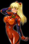  :d adjusting_hair bangs black_background blonde_hair blush bodysuit bracer breasts clenched_hand cosplay covered_nipples eyebrows eyebrows_visible_through_hair from_side gloves hand_up happy headgear kamia_(not_found) large_breasts legs_together long_hair looking_at_viewer matsuoka_kiyone neon_genesis_evangelion number open_mouth orange_eyes original outline pilot_suit plugsuit red_bodysuit shiny shiny_clothes simple_background slender_waist smile solo souryuu_asuka_langley souryuu_asuka_langley_(cosplay) turtleneck two_side_up 