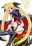  ass bardiche black_gloves black_legwear blonde_hair bodysuit cape fate_testarossa gloves long_hair lyrical_nanoha mahou_shoujo_lyrical_nanoha mahou_shoujo_lyrical_nanoha_a's miniskirt red_eyes ribbon skirt solo staff thighhighs twintails upskirt very_long_hair yatsushima_tetsuya 