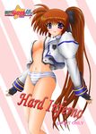  blue_panties bottomless brown_hair long_sleeves lyrical_nanoha mahou_shoujo_lyrical_nanoha_strikers no_bra panties ponytail purple_eyes side_ponytail solo striped striped_panties takamachi_nanoha underwear yamaguchi_ugou 