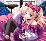  bare_shoulders blonde_hair blue_eyes bow choker cup curtains dress flower frills hair_bow hand_on_ear headphones kanojo_tachi_no_ryuugi long_hair long_sleeves lowres lying miyama-zero ribbon rose shirogane_tobari solo sunlight table teacup thighhighs upskirt wide_sleeves window 