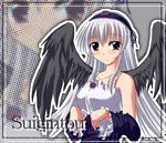  black_wings camisole character_name closed_mouth collarbone expressionless flower hairband kinagi_yuu long_hair looking_at_viewer off_shoulder rose rozen_maiden silver_hair solo suigintou undressing very_long_hair wings 