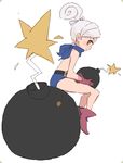  ankle_boots belt blush bomb boots brown_eyes fire flame gloves grey_hair holding_bomb looking_at_viewer mota original ponytail short_hair short_shorts shorts simple_background solo white_background white_hair 