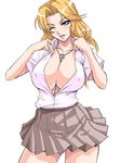  ;) between_breasts bleach blonde_hair blue_eyes blush breasts buttons chain cleavage cowboy_shot dress_shirt flipped_hair grey_skirt head_tilt huge_breasts jewelry kagami_hirotaka long_hair looking_at_viewer matsumoto_rangiku miniskirt mole mole_under_mouth necklace no_bra one_eye_closed open_clothes open_shirt pleated_skirt reference_work school_uniform shiny shiny_hair shirt short_sleeves simple_background skirt smile solo standing wavy_hair white_background wing_collar 