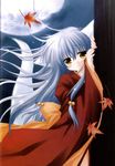  animal_ears bell copyright_request fox_ears highres japanese_clothes leaf long_hair long_sleeves moon sakurazawa_izumi silver_hair solo tail yellow_eyes 