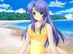  animated animated_gif beach blue_hair bouncing_breasts breasts casual_one-piece_swimsuit day forest game_cg green_eyes lamune long_hair nature one-piece_swimsuit outdoors photo_background small_breasts smile solo swimsuit tomosaka_suzuka water 