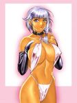  ahoge blue_eyes border braid breasts bridal_gauntlets cleavage collar covered_nipples earrings groin hair_ornament hairclip homare_(fool's_art) huge_breasts jewelry open_mouth seolla_schweizer short_hair side_braid sideboob silver_hair slingshot_swimsuit solo super_robot_wars sweat swimsuit tan 