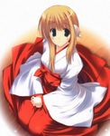  android bangs blonde_hair blue_eyes blush bow breasts closed_mouth dutch_angle eyebrows_visible_through_hair full_body hakama hands_on_lap japanese_clothes light_smile long_hair long_sleeves looking_at_viewer medium_breasts miko mitsumi_misato obi official_art on_floor red_hakama robot_ears sash seiza sidelocks silfa sitting smile solo to_heart_2 to_heart_2_ad wide_sleeves wooden_floor 