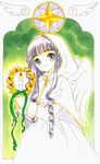  90s blue_eyes candle cardcaptor_sakura clamp curly_hair daidouji_tomoyo drill_hair greatcoat long_hair official_art purple_hair solo star wings 