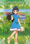  90s alternate_hairstyle black_hair blue_dress blue_eyes blue_gloves camcorder camera cardcaptor_sakura casual copyright_name daidouji_tomoyo dress gloves long_hair official_art ponytail solo 