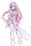  boots braid breasts capelet cleavage closed_mouth detached_sleeves dress expressionless full_body huge_weapon knee_boots kumacchi large_breasts long_hair long_sleeves monochrome phantasy_star phantasy_star_universe purple sketch solo standing sword thighhighs twin_braids weapon white_background 