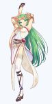  1girl anklet armlet armpits arms_up asymmetrical_legwear bangle bangs belt bracelet breasts brown_footwear dress forehead_jewel full_body green_eyes green_hair headgear headpiece high_heels highres jewelry jii_(user_ihp6405) kid_icarus kid_icarus_uprising large_breasts leg_up long_hair looking_at_viewer looking_down nintendo open_mouth palutena parted_bangs pendant simple_background single_thighhigh smile solo split standing standing_on_one_leg standing_split strapless strapless_dress thighhighs vambraces very_long_hair white_dress white_legwear 