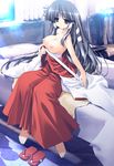  bandages barefoot bed black_hair breasts hakama japanese_clothes kagura_(prism_ark) large_breasts long_hair miko nipples oono_tetsuya prism_ark red_hakama sarashi sitting solo topless 