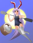  animal_ears blush bunny_ears food kannazuki_hato long_hair mochi moon moon_rabbit night one-piece_swimsuit purple_hair red_eyes reisen_udongein_inaba school_swimsuit smile solo swimsuit thighhighs touhou usagi_kine very_long_hair wagashi 