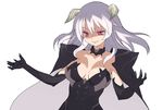  black_gloves breasts cape claws cleavage collar demon_girl elbow_gloves gloves horns large_breasts nora_higuma original pink_eyes solo white_hair 