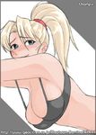  armpits bent_over blonde_hair blue_eyes bra breasts champ+ cleavage final_fight genryuusai_maki large_breasts lingerie long_hair midriff ponytail smile solo street_fighter underwear 