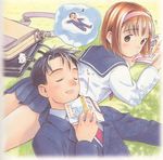  1girl ass_pillow book brown_hair closed_eyes copyright_request couple dreaming grass hairband head_on_butt hetero long_sleeves ribbon school_uniform skirt sleeping translated yug 