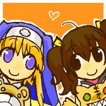  1girl anise_tatlin artist_request blonde_hair bridget_(guilty_gear) brown_eyes brown_hair crossover guilty_gear lowres orange_background power_connection tales_of_(series) tales_of_the_abyss tokunaga twintails 
