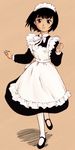  apron black_dress black_eyes black_hair blush dress full_body girly_running long_sleeves maid maid_apron maid_headdress mary_janes orange_background original pantyhose running shoes short_hair simple_background smile solo takahashi_ren white_legwear 